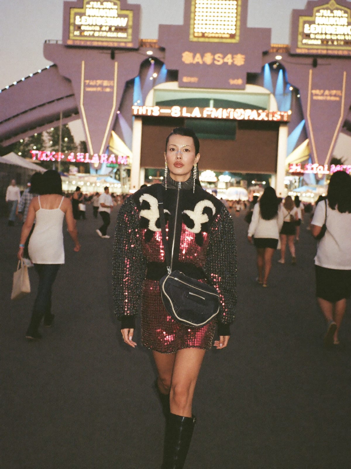 Sequin After Dark outfit for Summer Sonic: sequin mini dress, faux fur or bomber for later, knee-high boots
