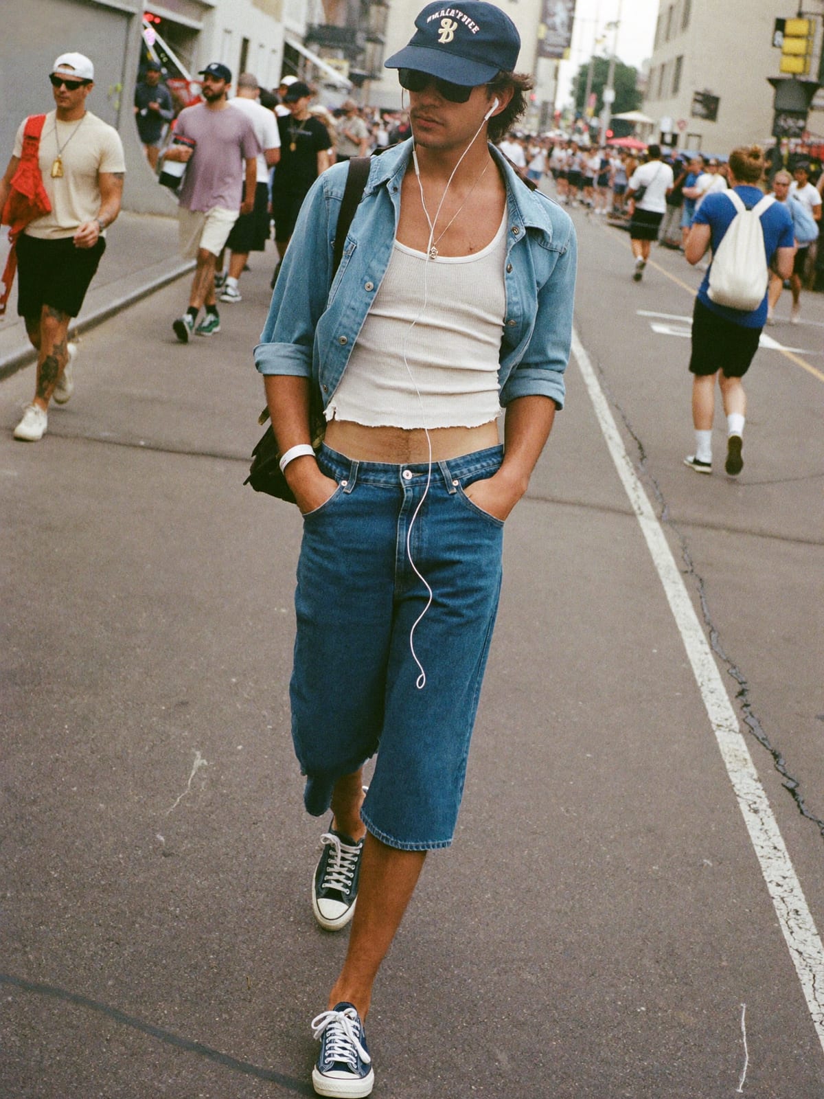Jorts & Tank outfit for Summerfest: denim jorts, ribbed tank or open camp shirt, canvas or retro runners