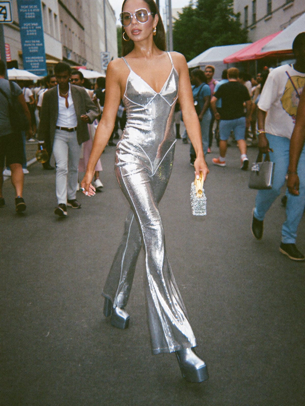 Glam Disco outfit for Trinidad Carnival: sequin co-ord or jumpsuit, metallic flares, platform boots