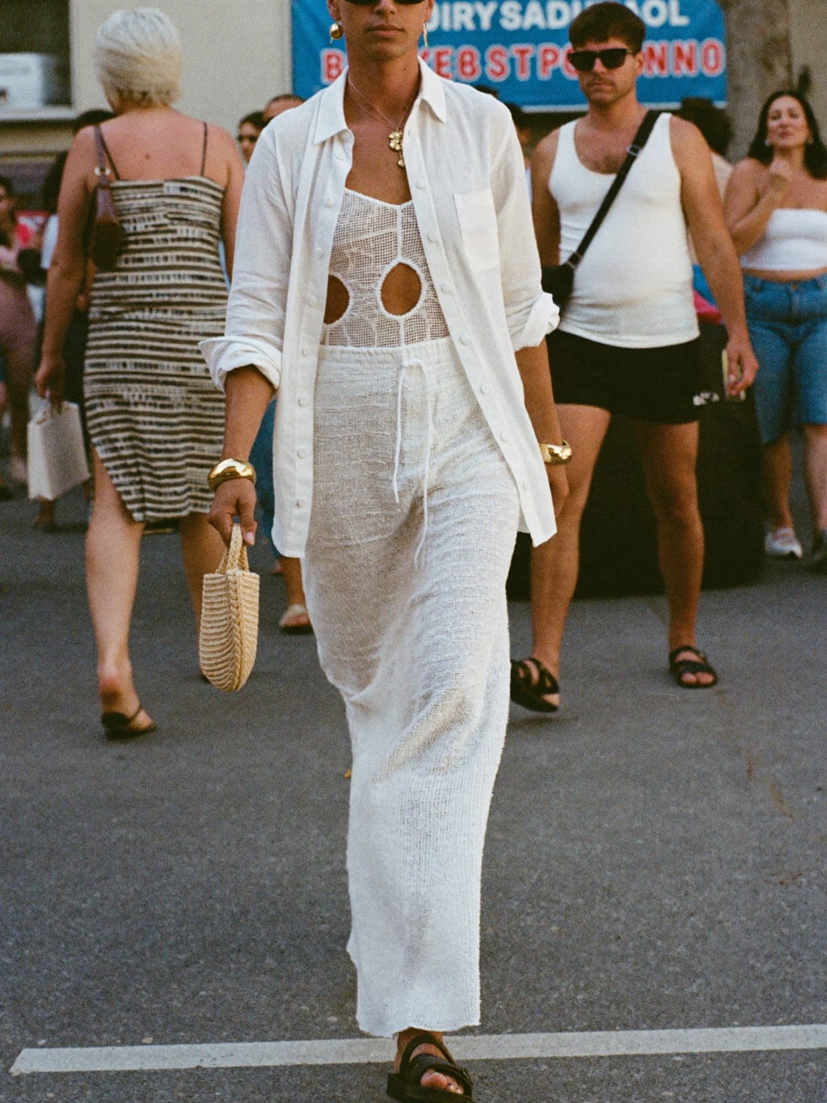 All-White outfit for Trinidad Carnival: white linen co-ord, white crochet or cut-out dress, leather sandals