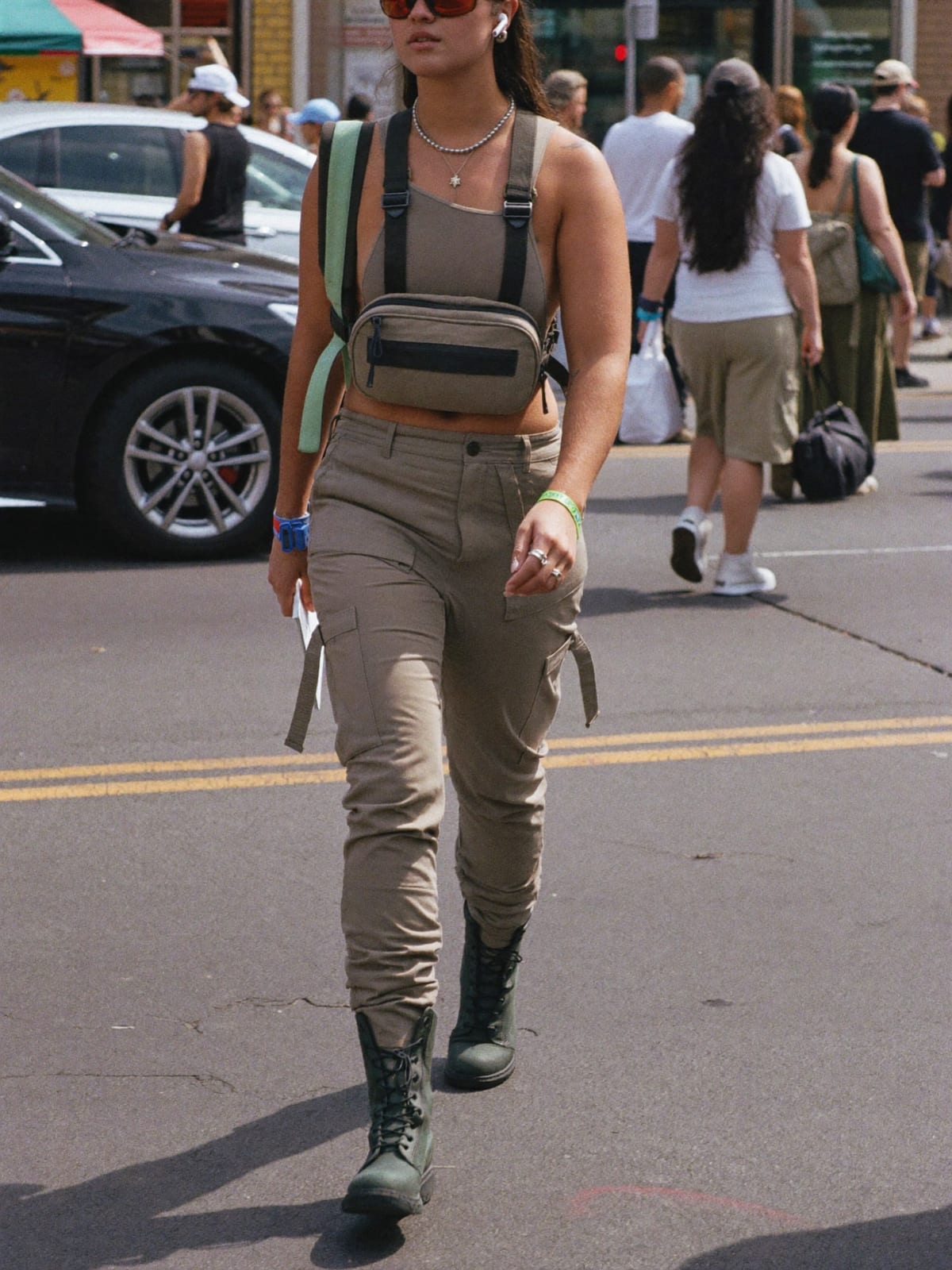 Cyberpunk Utility outfit for Ultra Music Festival: technical vest or shell, strap cargo trousers, tactical boots