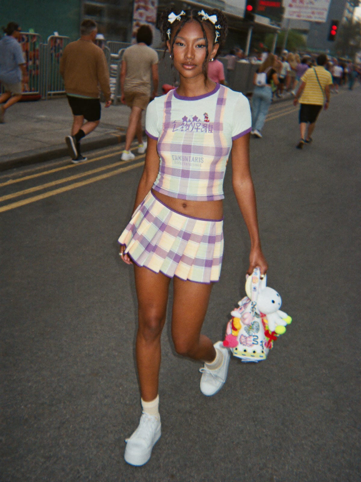 Kawaii Layer outfit for Ultra Music Festival: pleated skirt set, graphic layering tee, platform sneakers