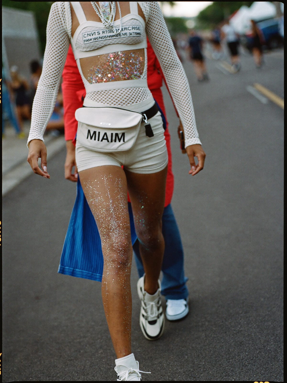 Mesh & Muscle outfit for Ultra Music Festival: mesh long sleeve or harness, short shorts, chunky trainers or boots