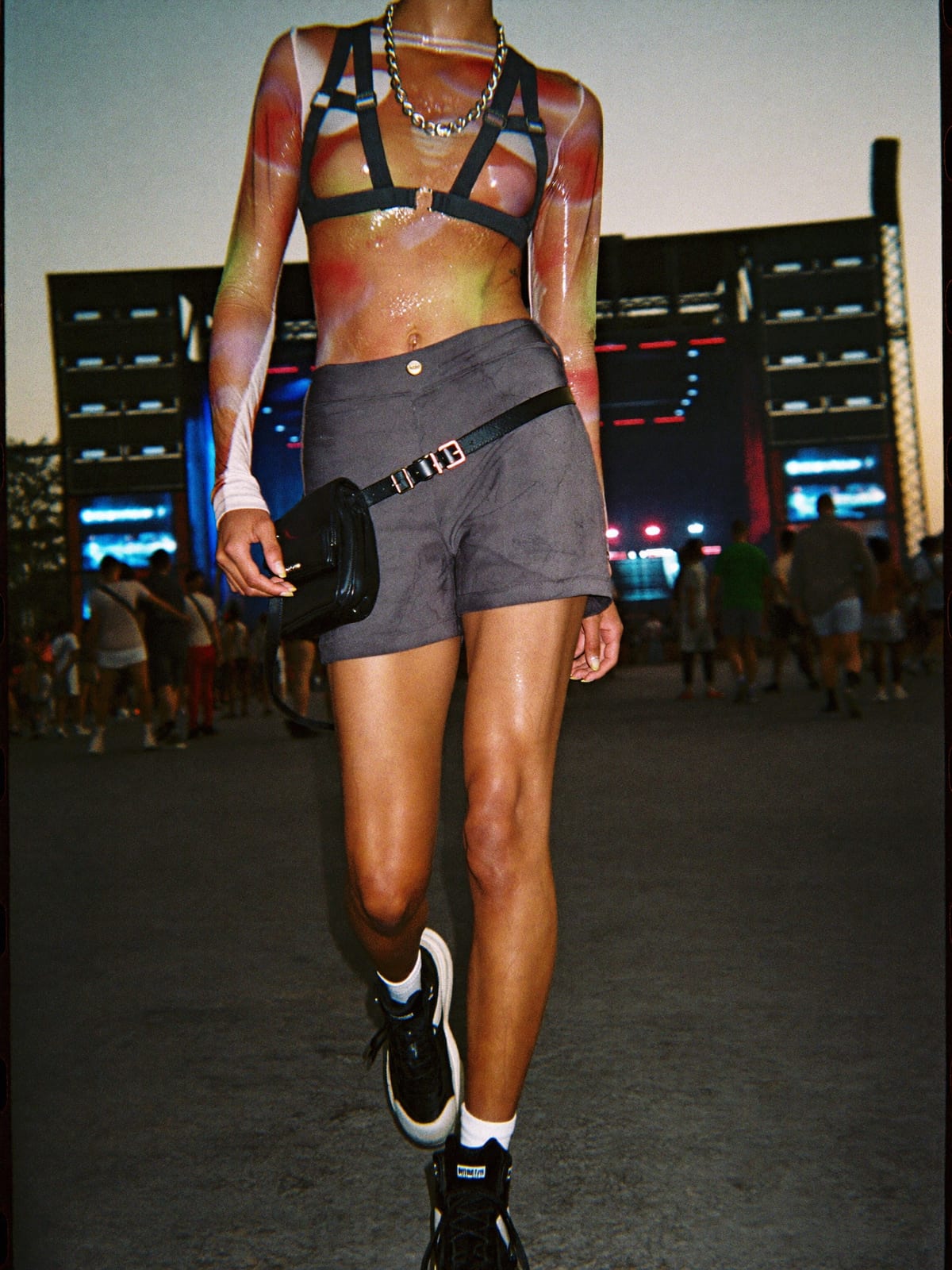 Mesh & Muscle outfit for UNTOLD: mesh long sleeve or harness, short shorts, chunky trainers or boots