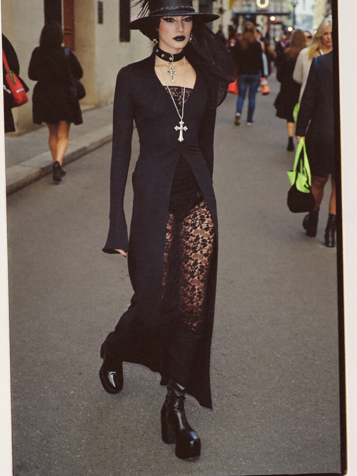 Dark Romantic outfit for Venice Carnival: lace or mesh maxi, longline black coat or shrug, platform boots
